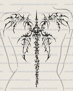 Skeletal wings tattoo stencil on female back, gothic cybersigilism design with skull and thorned neotribal spine detail.