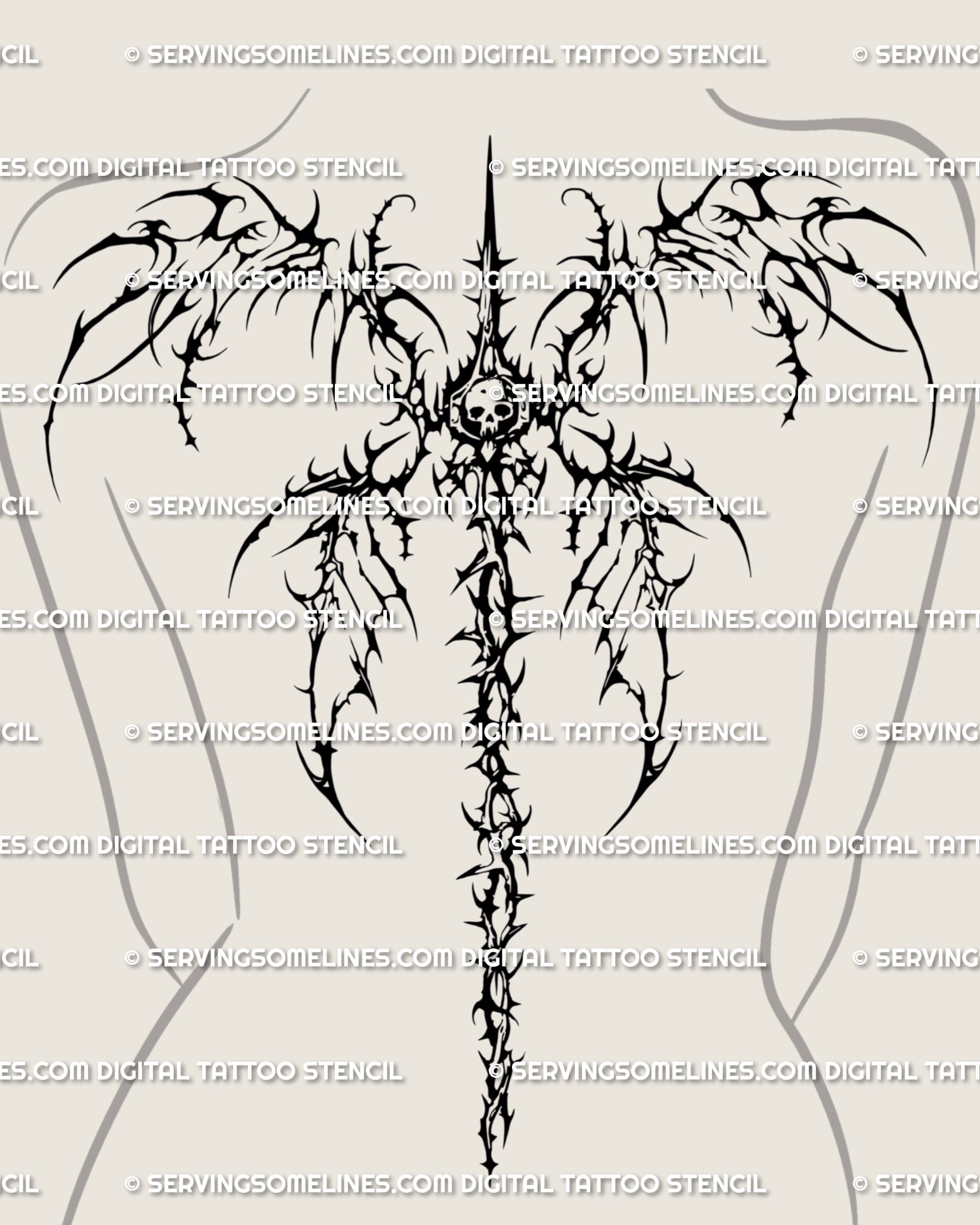Skeletal wings tattoo stencil on female back, gothic cybersigilism design with skull and thorned neotribal spine detail.
