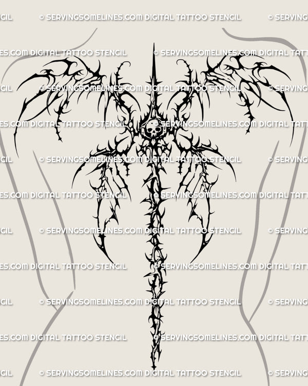 Skeletal wings tattoo stencil on female back, gothic cybersigilism design with skull and thorned neotribal spine detail.
