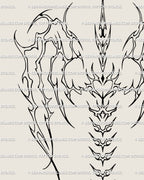 Close up of skeletal wings tattoo design showing heart-shaped spine element and ornamental cyber tribal wing flow with gothic detail.