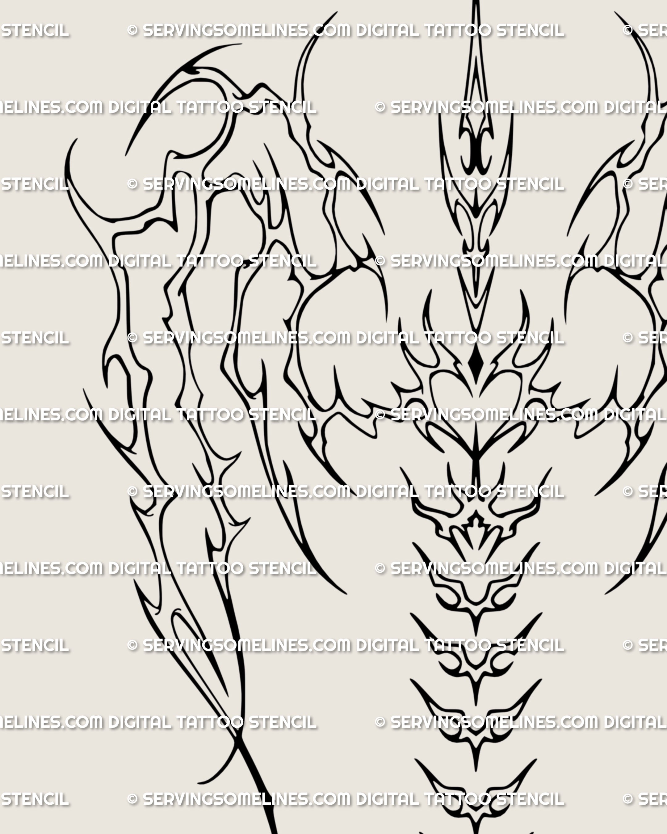 Close up of skeletal wings tattoo design showing heart-shaped spine element and ornamental cyber tribal wing flow with gothic detail.