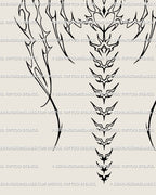 Detailed close up of gothic skeletal wings tattoo stencil, showing sharp ornamental bone structure and cyber tribal flow down the spine.