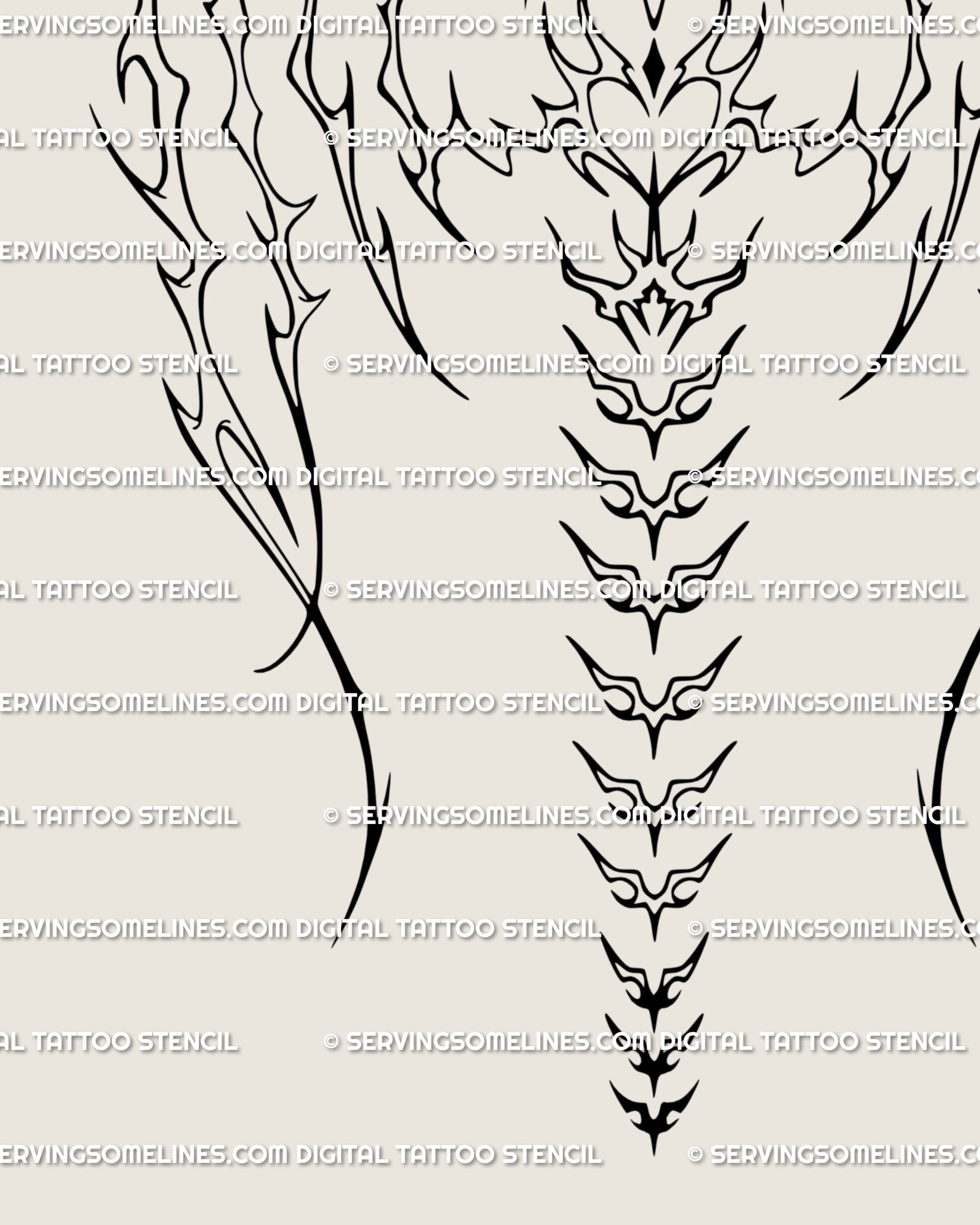 Detailed close up of gothic skeletal wings tattoo stencil, showing sharp ornamental bone structure and cyber tribal flow down the spine.