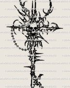 Skeleton key tattoo stencil with skull, sharp cybersigilism linework, high contrast black on light background.