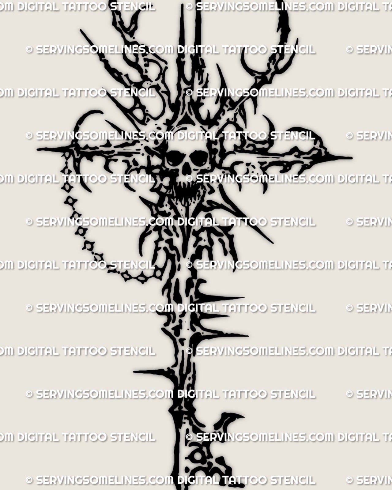 Skeleton key tattoo stencil with skull, sharp cybersigilism linework, high contrast black on light background.