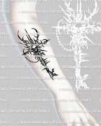 Skeleton key with skull tattoo displayed on forearm placement example, crisp stencil linework.