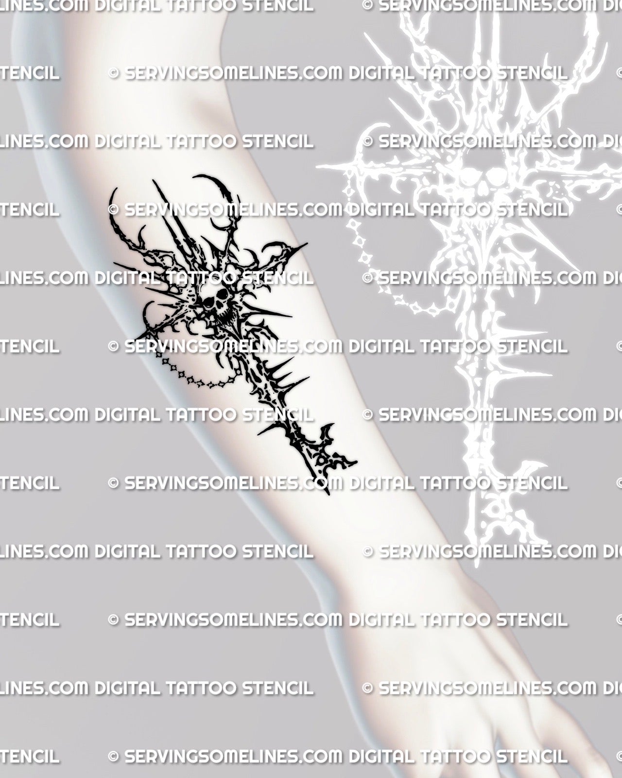 Skeleton key with skull tattoo displayed on forearm placement example, crisp stencil linework.