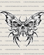 Skull butterfly tattoo stencil with bold skull body and dark gothic wings, digital download for stencil printing.
