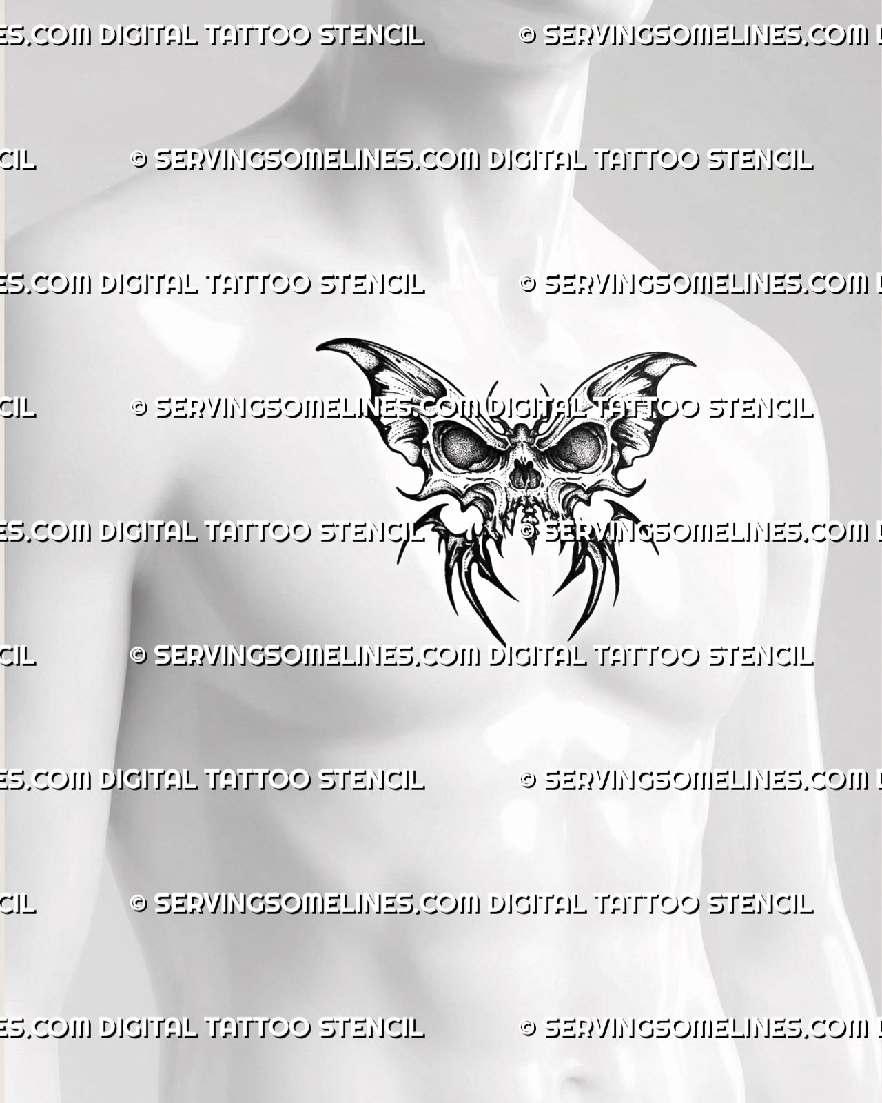Skull butterfly tattoo stencil shown on mens chest center placement, strong dark butterfly silhouette with clear skull detail.