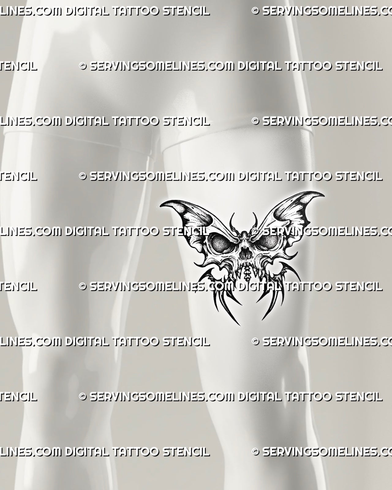 Skull butterfly tattoo stencil shown on men's front thigh, with bold skull detail, dark wings, and clean large placement view.
