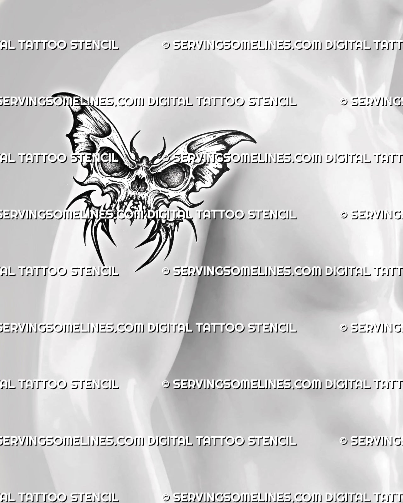 Skull butterfly tattoo stencil shown on men's upper arm, with bold skull body, dark wing panels, and sharp gothic placement.

