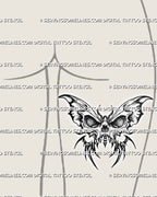 Skull butterfly tattoo stencil displayed on womens back of thigh placement, gothic butterfly design with visible skull center.
