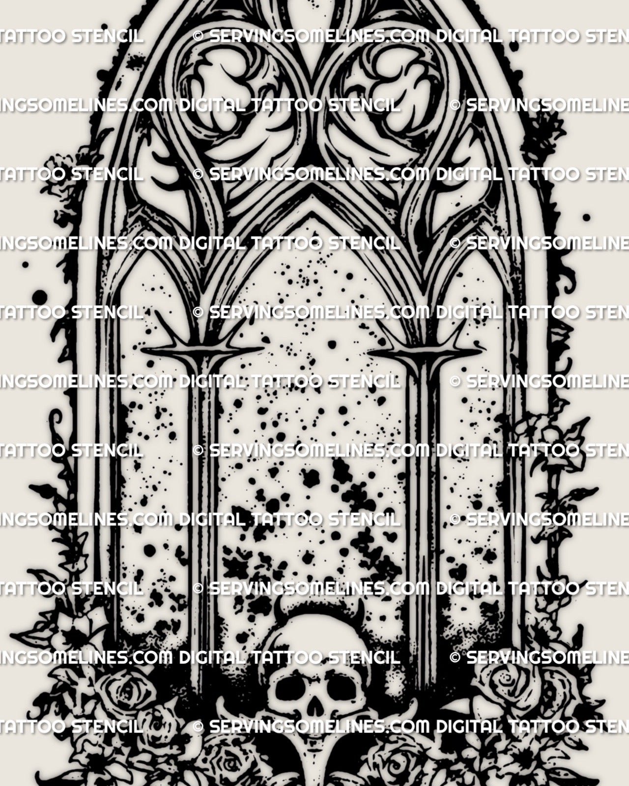 Gothic skull tattoo stencil built around cathedral architecture, designed in bold blackwork for medium to large tattoos with strong visual weight
