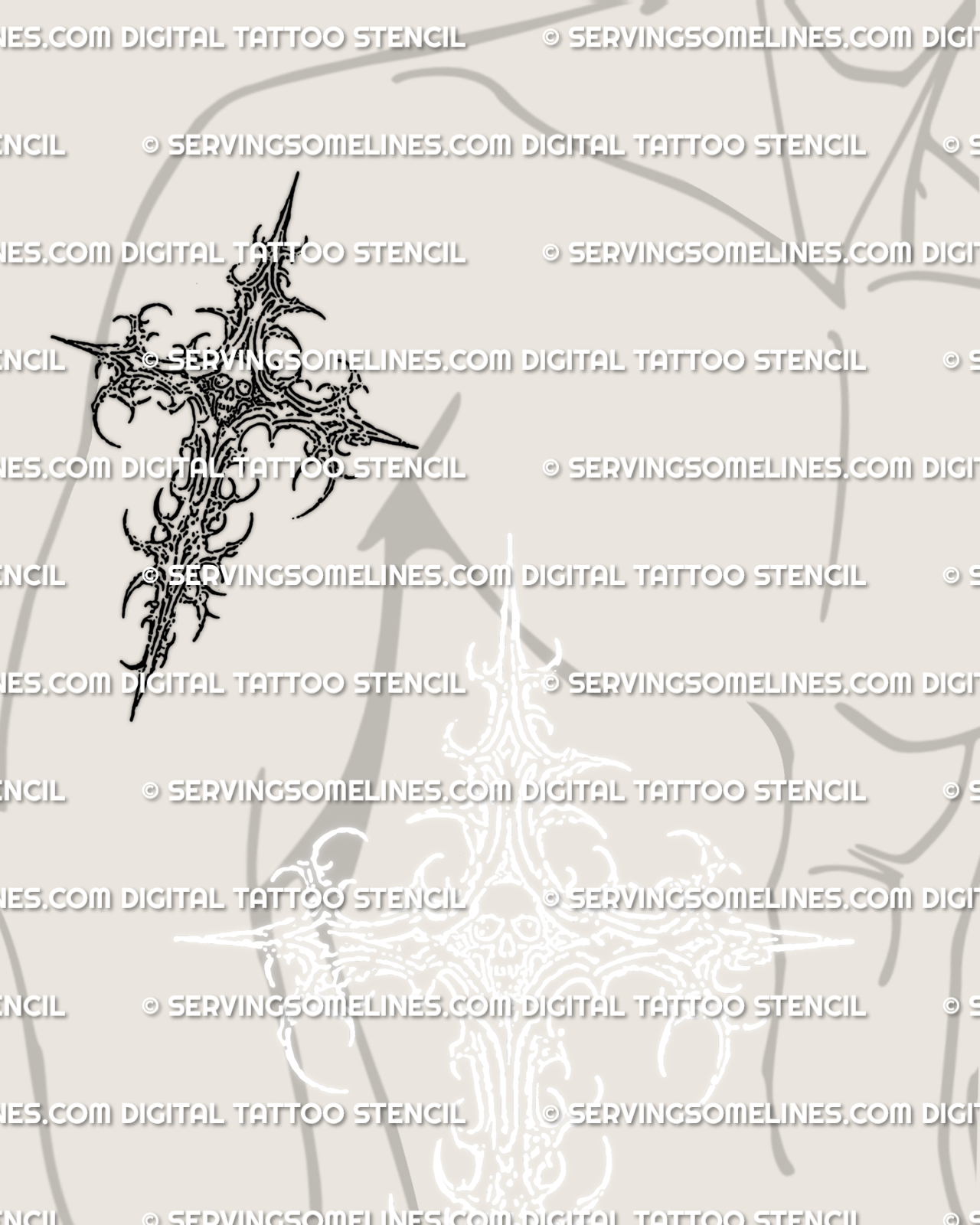 Edgy skull cross tattoo shown on men’s bicep placement, compact outlined cross tattoo stencil digital product.