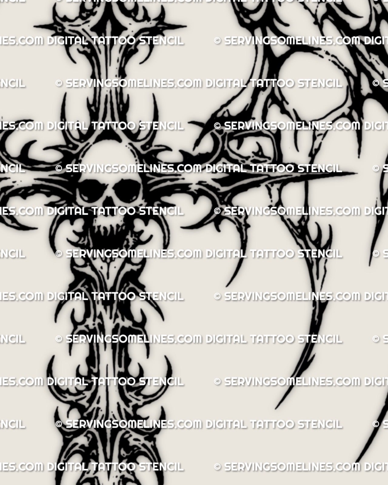 Close view of skull centered cross tattoo with aggressive cyber tribal wing details, blackwork line tattoo stencil