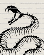 Close-up of skull detail from snake skeleton tattoo, ornamental bone pattern and fanged jaw in clean black linework.