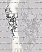 Skull forearm tattoo stencil shown on arm placement, with a dark skull focal point and spiky cybersigilism linework.