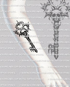 Skull head key tattoo stencil shown on forearm placement example, thorn crown skull top, sharp halo, printable tattoo stencil files.