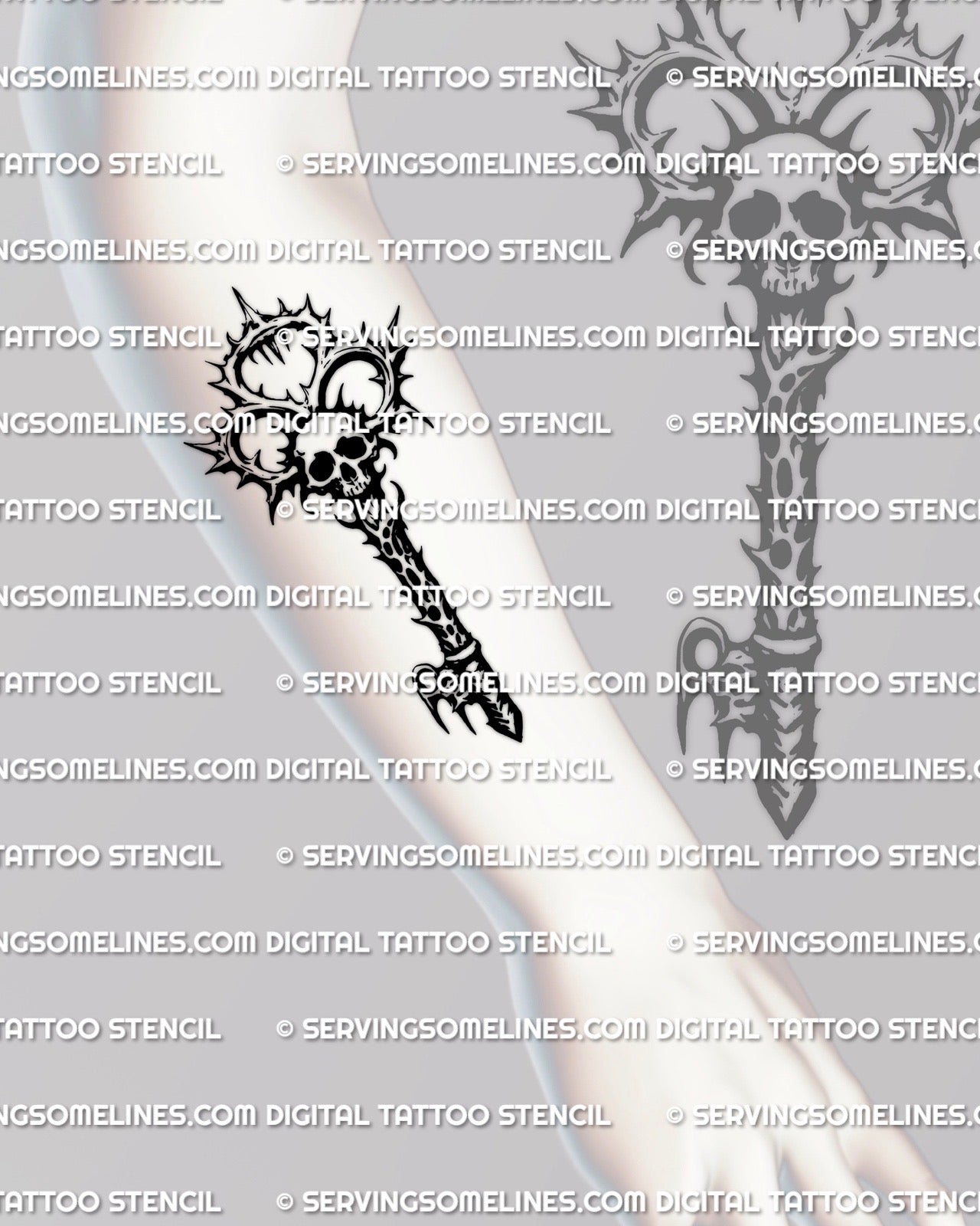 Skull head key tattoo stencil shown on forearm placement example, thorn crown skull top, sharp halo, printable tattoo stencil files.