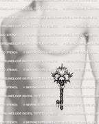 Skull head key tattoo stencil shown on mens side stomach placement example, thorn crown skull top, gothic key, clean transfer.