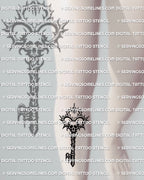 Skull head key tattoo stencil displayed on shin placement example, thorn crown head and jagged halo, high res download for tattoo stencil.