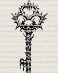 Skull head key tattoo stencil with thorn crown, full design on light background, high contrast blackwork for stencil transfer.