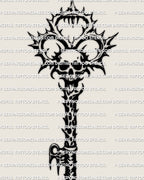 Skull head key tattoo stencil with thorn crown, full design on light background, high contrast blackwork for stencil transfer.