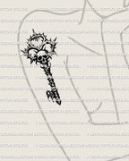 Skull head key tattoo stencil shown on womens arm placement example, thorn crown top and sharp halo lines, printable PNG PDF.