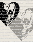 Skull heart tattoo stencil, bold half black fill with skull mask inside a heart silhouette, high contrast layout for stencil transfer