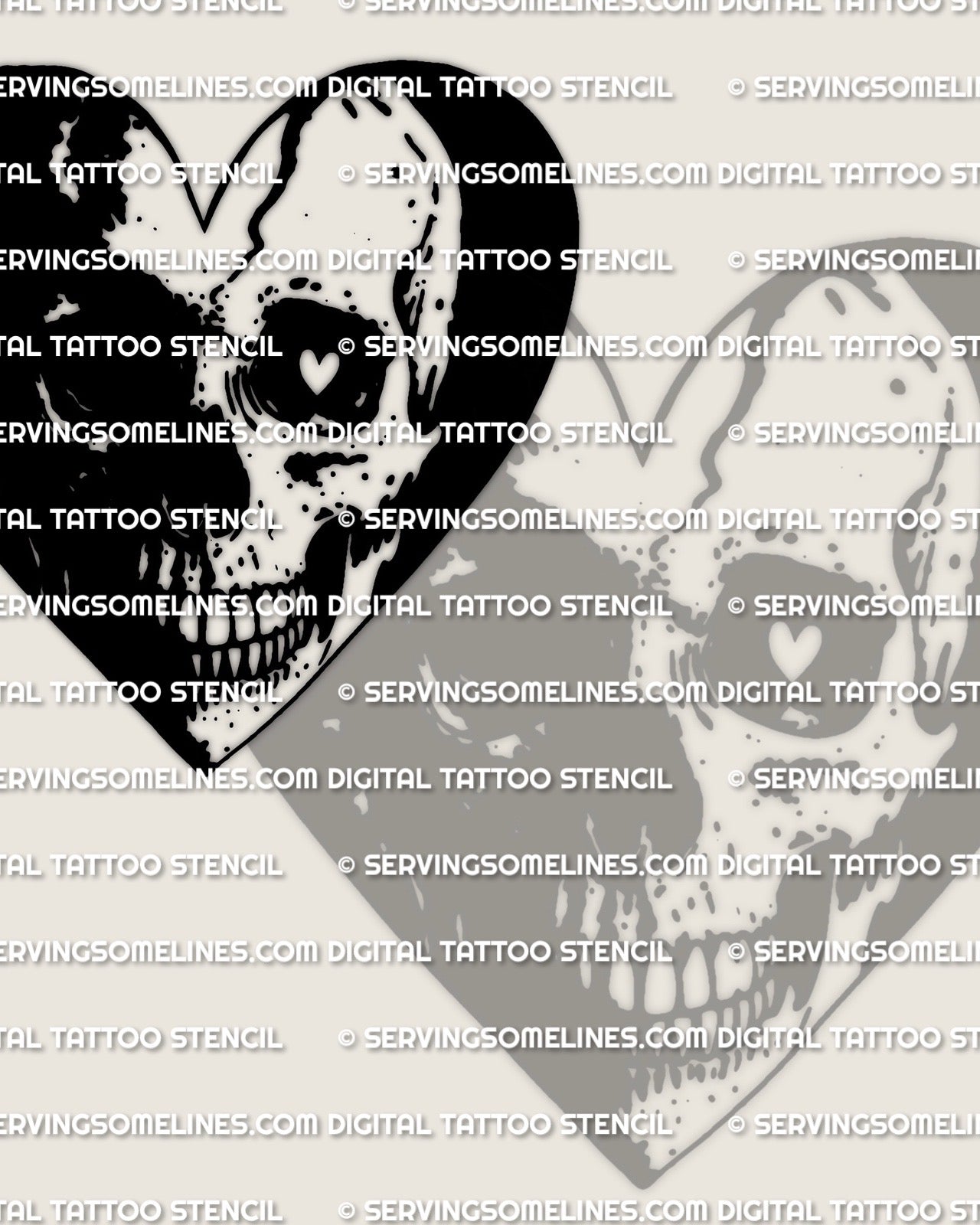 Skull heart tattoo stencil, bold half black fill with skull mask inside a heart silhouette, high contrast layout for stencil transfer