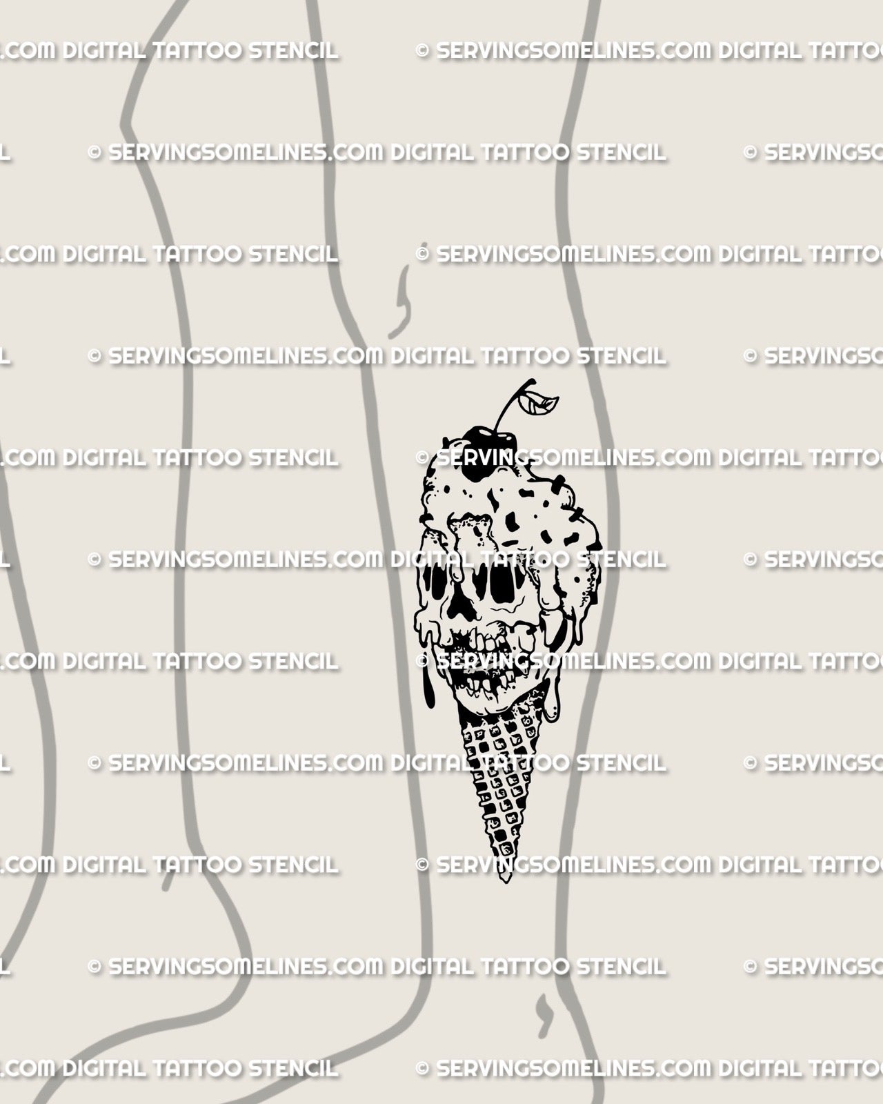 Skull ice cream tattoo shown on leg placement, creepy cute gothic style cone design perfect for thigh or calf tattoo idea.