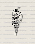 Gothic cute skull ice cream tattoo stencil with melting scoop and cherry on top, digital linework for alternative tattoo design.