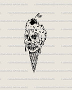Gothic cute skull ice cream tattoo stencil with melting scoop and cherry on top, digital linework for alternative tattoo design.