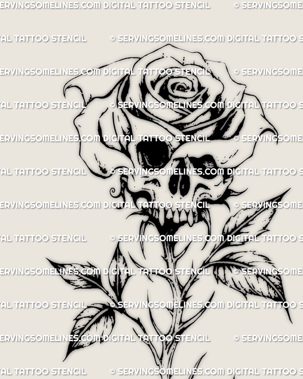 Close up fine line skull inside rose tattoo stencil, feminine gothic floral linework shown as a high resolution digital tattoo file