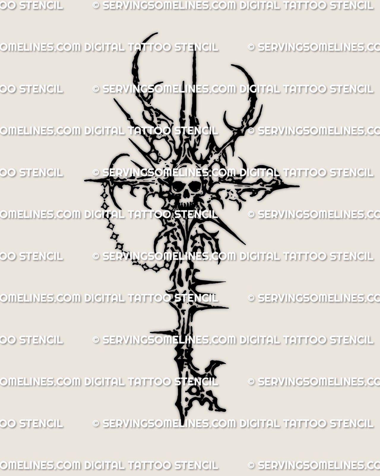 Close view of skull key tattoo design, cybersigilism barbed crossbar, clean negative space cuts.