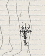 Skull key tattoo stencil shown on lower leg calf placement, cybersigilism spikes and chain charm.