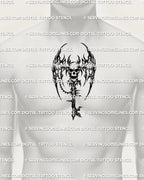 Skull key tattoo stencil displayed on chest center placement, horned skull, winged frame, cyber tribal accents, bold vertical emblem.