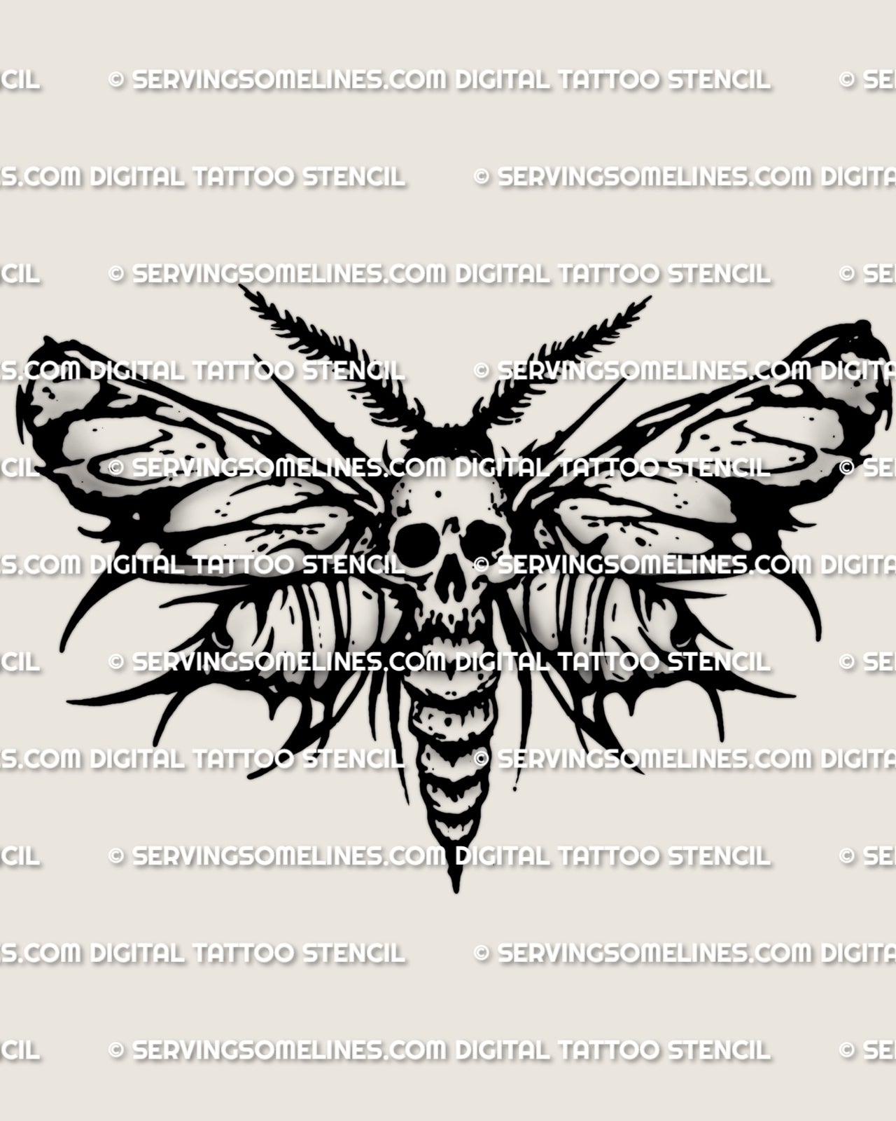 Skull moth tattoo stencil download, death head marking on thorax, black and white moth wings, printable stencil files
