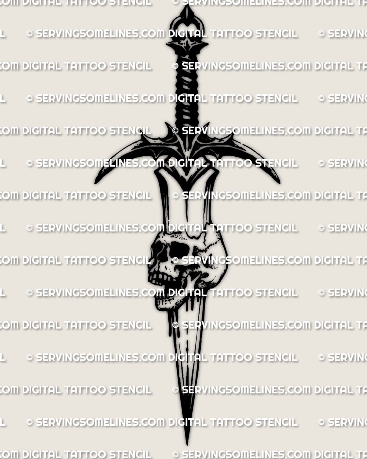 Skull pierced by dagger tattoo stencil design, full view of skull shading and dagger guard detail.