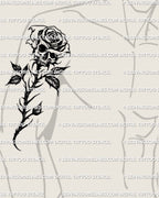 Bold skull rose tattoo stencil shown on a man’s arm placement, dark gothic blackwork design built for sharp stencil lines and strong healed tattoo results