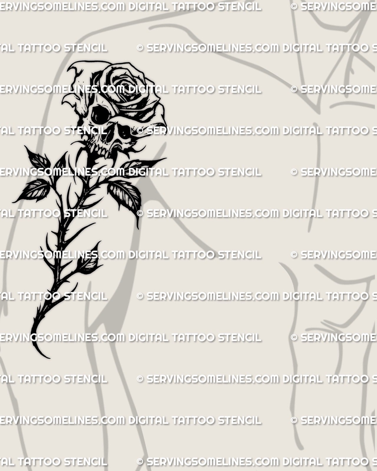 Bold skull rose tattoo stencil shown on a man’s arm placement, dark gothic blackwork design built for sharp stencil lines and strong healed tattoo results