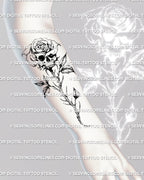 Fine line skull rose tattoo stencil shown on forearm placement, light gothic linework available as an instant download tattoo stencil