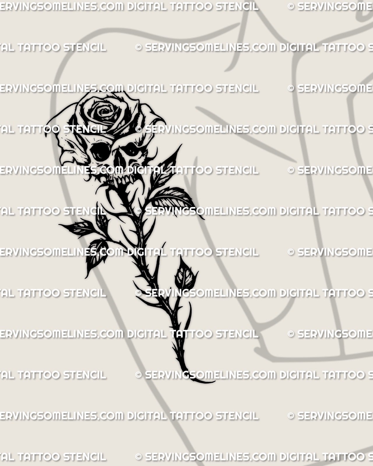 Blackwork skull rose tattoo stencil shown on a woman’s arm placement, bold gothic floral skull design created as a clean stencil file for tattoo artists