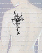 Skull skeleton key tattoo shown on mens shoulder blade placement, cyber tribal spikes and chain detail.