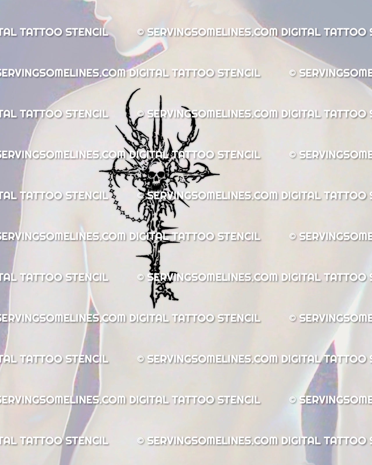 Skull skeleton key tattoo shown on mens shoulder blade placement, cyber tribal spikes and chain detail.