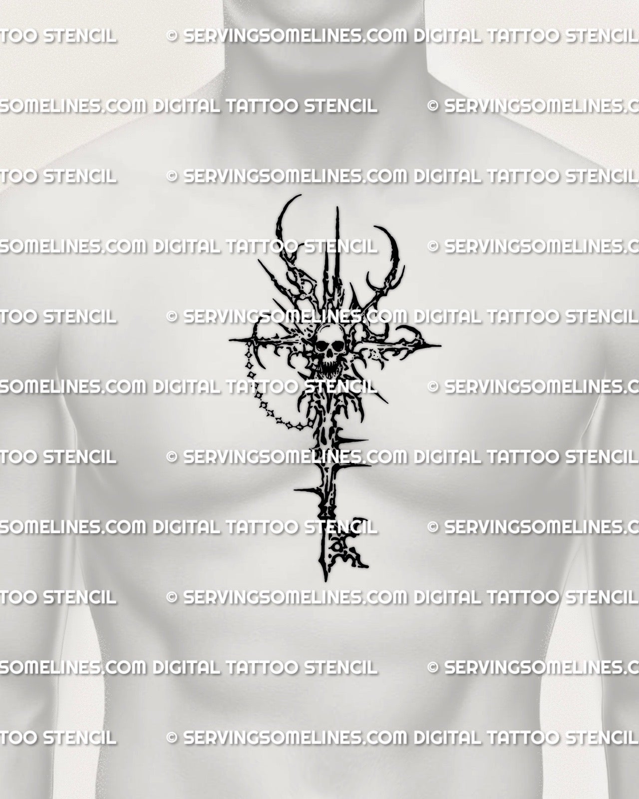 Skull key tattoo stencil shown on mens chest sternum placement, vertical key silhouette with spikes.