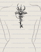 Skull skeleton key tattoo shown on womens upper back center placement, long vertical key design.