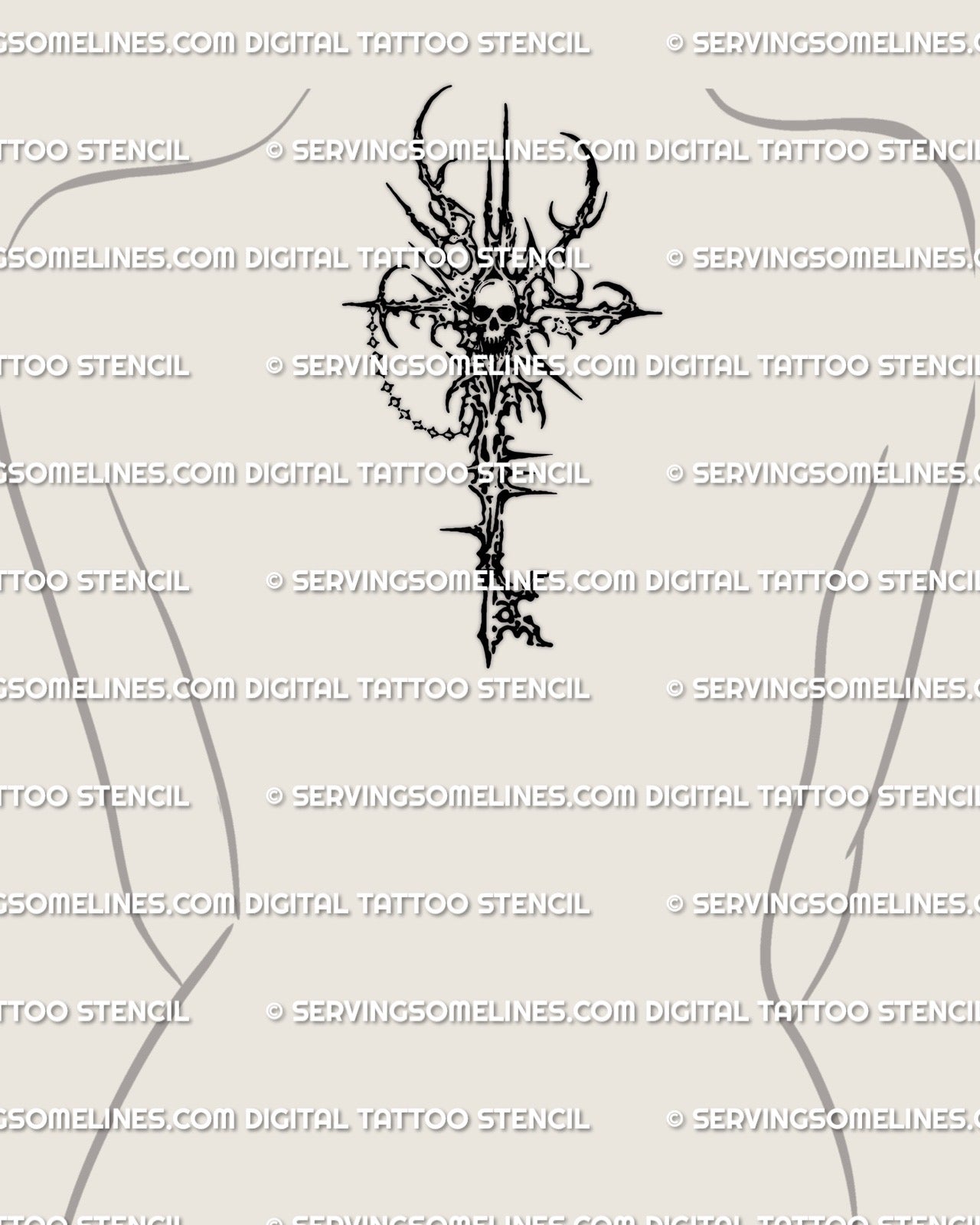 Skull skeleton key tattoo shown on womens upper back center placement, long vertical key design.