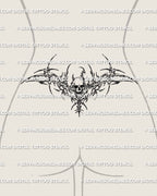 Skull tramp stamp tattoo stencil displayed on female lower back with sharp cyber linework and wide waist placement