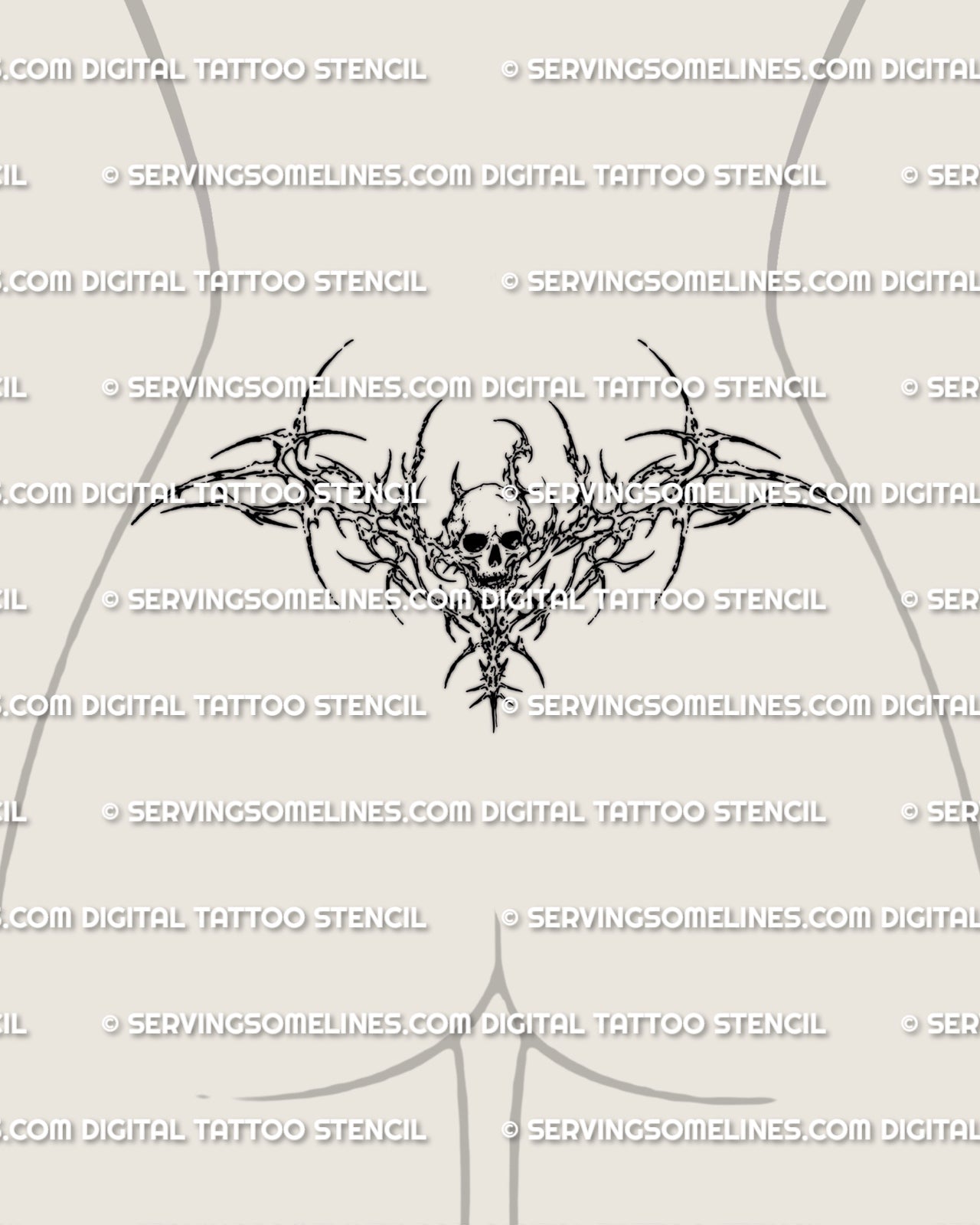 Skull tramp stamp tattoo stencil displayed on female lower back with sharp cyber linework and wide waist placement